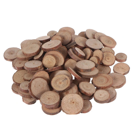 Shop our 15 Pcs Wooden Log Slice Discs, ideal for crafting. Each natural disc, measuring 1 to 1.5 inches, is surrounded by bark, perfect for weddings and decor.