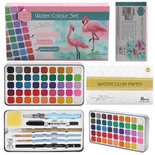 Keep Smiling Solid Watercolor Paint Set 45 Pcs With Water Bush and Paper
