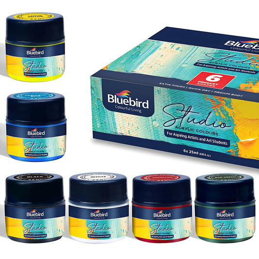 Bluebird Studio Acrylic Paint 25ml - Set of 6 Primary Colors | Non-Toxic | Vibrant Pigments | Perfect for Canvas, Wood & Craft | Best Acrylic Colors