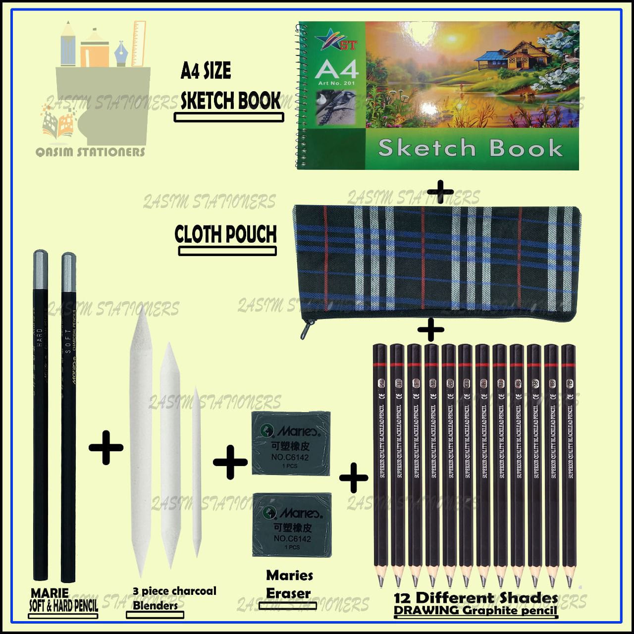 21 Pcs Artist Sketching Set Includes A4 Size 20 Sheet Sketch Book, 12 Different Shades Drawing Graphite Pencils, 3 Pcs Charcoal Blenders, Marie Soft and Hard Pencil, Kneadable Eraser For Charcoal Pencil, Cloth Pouch at Best Price in Pakistan. Best Art Supplies, Office & Stationery Store. ✓Free Delivery ✓Cash on Delivery ✓Deals