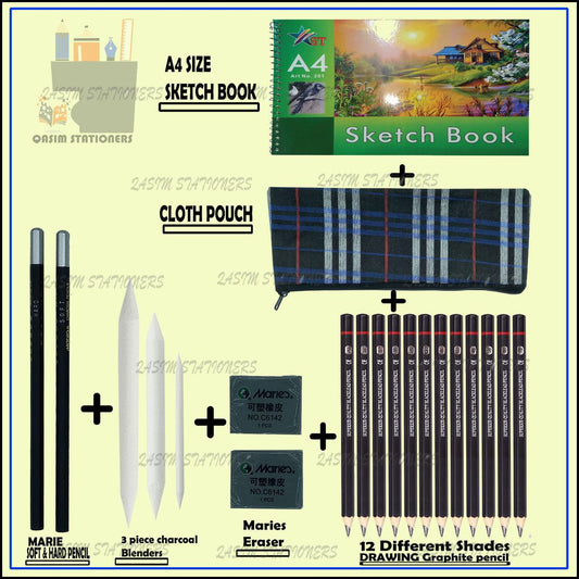 21 Pcs Artist Sketching Set Includes A4 Size 20 Sheet Sketch Book, 12 Different Shades Drawing Graphite Pencils, 3 Pcs Charcoal Blenders, Marie Soft and Hard Pencil, Kneadable Eraser For Charcoal Pencil, Cloth Pouch at Best Price in Pakistan. Best Art Supplies, Office & Stationery Store. ✓Free Delivery ✓Cash on Delivery ✓Deals