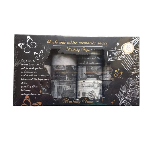 Black & White Memories Series Washi Masking Tape Set – 20 PCS Decorative Craft Tape for Scrapbooking, Journaling & DIY Projects