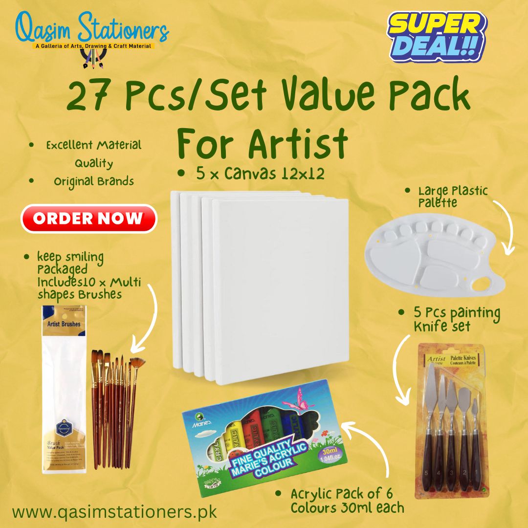 Excellent Material Quality
Original Brands
Packaged Includes10 x Multi shapes Brushes
Large Plastic Palette
5 Pcs painting Knife set
Acrylic Pack of 6 Colours 30ml each
5 pcs Canvas 12x12