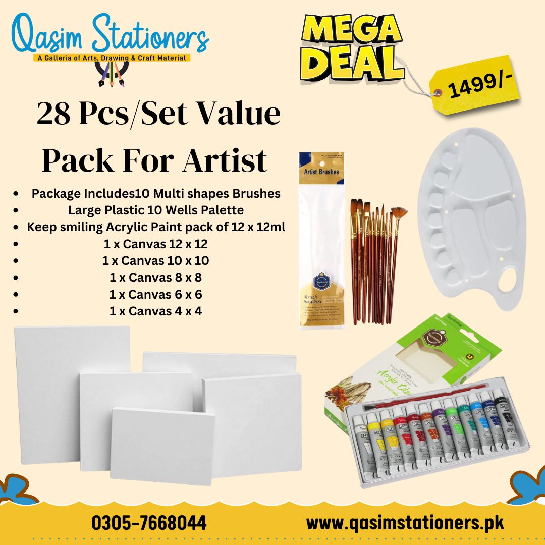 Excellent Material Quality
Original Brands
Packaged Includes10 x Multi shapes Brushes
Large Plastic Palette
Keep smiling Acrylic pack of 12 (12 ml each Tube)
1 x Canvas 12x12
1 x Canvas 10x10
1 x Canvas 8x8
1 x Canvas 6x6
1 x canvas 4x4