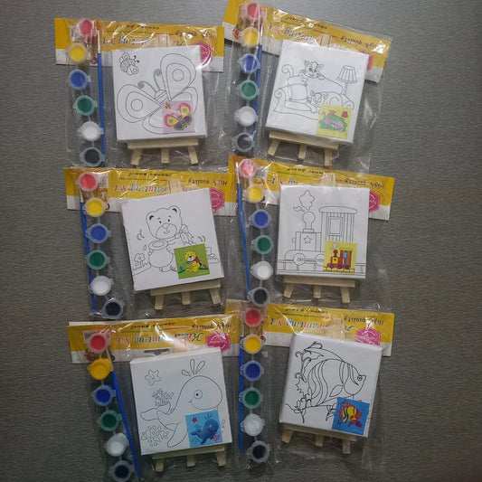 Imported 4in x 4in Different Printed outline Designs Canvas board with wooden stand easel and Acrylic Colours and a Paint Brush