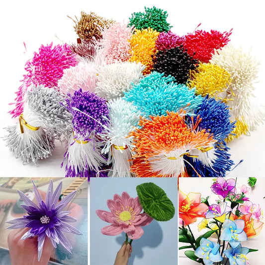 Shop 400pcs of 6cm double-headed flower stamens made from durable polyester. Perfect for adding a touch of elegance to your handmade creations!