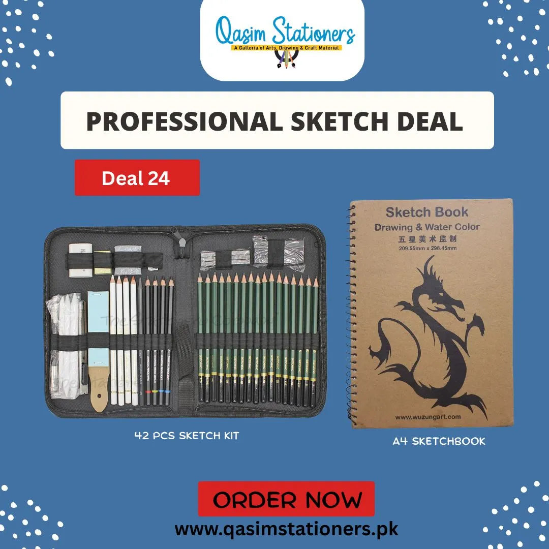 Get the ultimate 42 PCS professional sketch kit with A4 sketchbook from Qasim Stationers. Perfect for artists, students & designers. Shop online now!