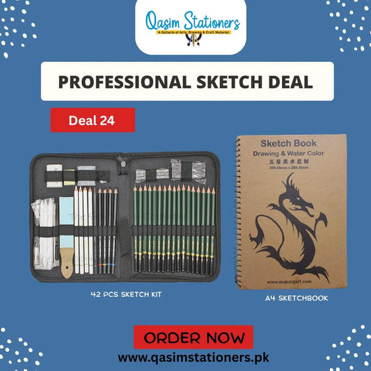 Get the ultimate 42 PCS professional sketch kit with A4 sketchbook from Qasim Stationers. Perfect for artists, students & designers. Shop online now!