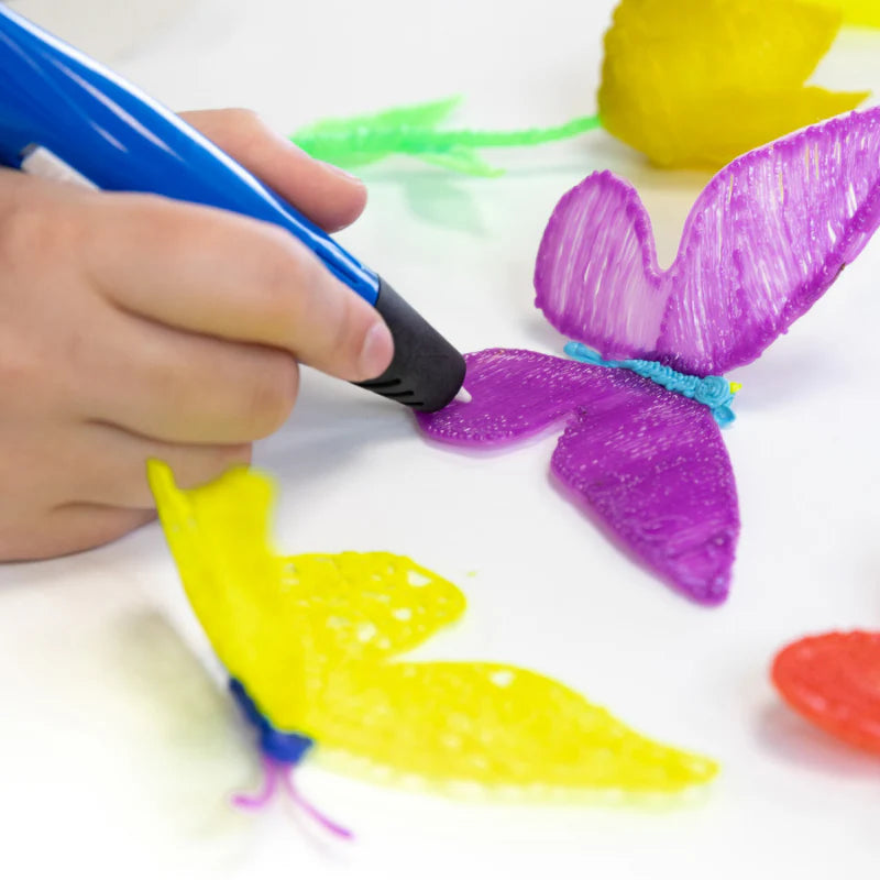 Kids 3D Drawing Pen with USB charging – safe design, no hot parts, includes micro-USB charger, works with child-friendly PCL filaments.