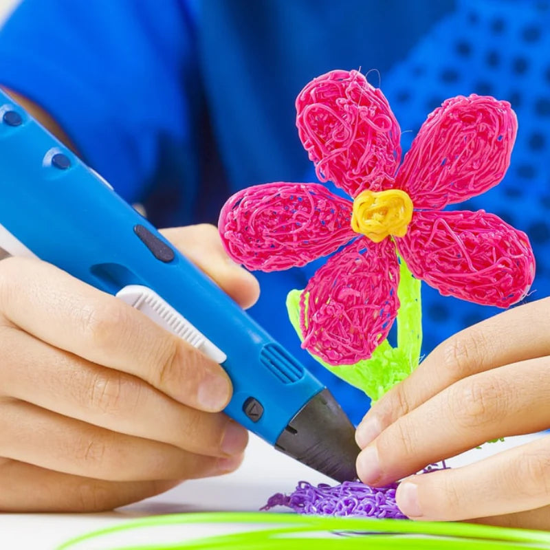 Kids 3D Drawing Pen with USB charging – safe design, no hot parts, includes micro-USB charger, works with child-friendly PCL filaments.