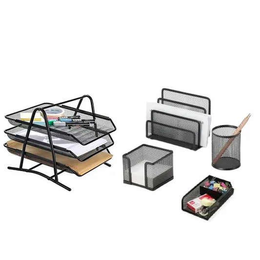 Organize your desk efficiently with our 5 in 1 Desk Organizer Set. This black metal mesh design includes a pen holder and letter tray, combining style and functionality.