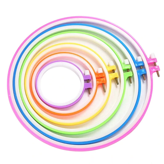 Shop our 5pcs Embroidery Hoop Circle set, perfect for cross-stitch and needlework. These sturdy plastic frames are essential tools for your home patchwork projects.