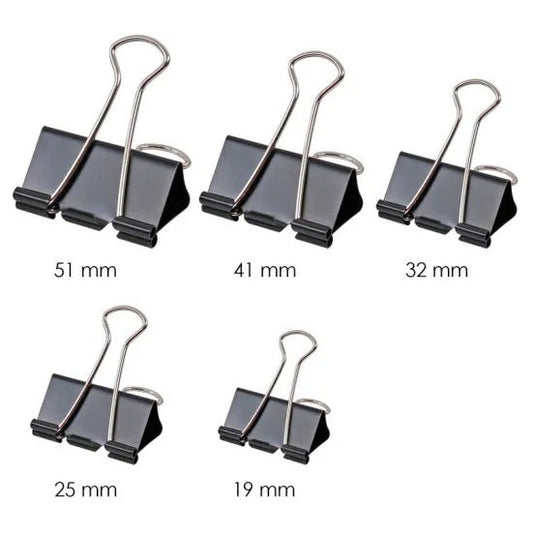 Pack of 12 - Binder Clip 19mm - 25mm - 32mm - 41mm - 51mm Paper Clip