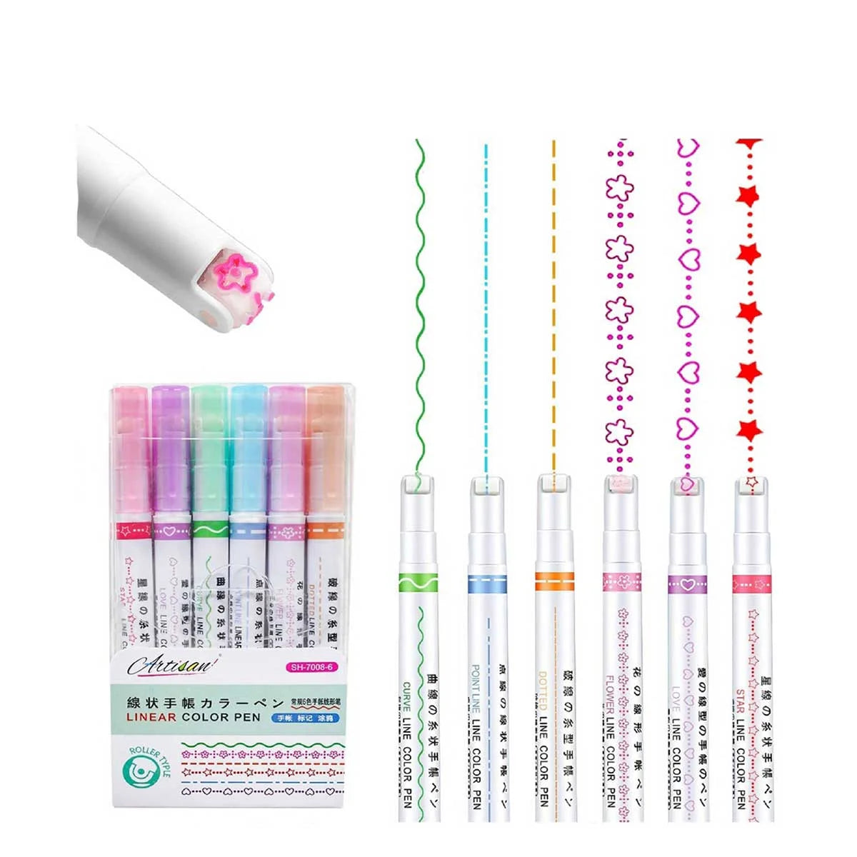 6Pcs Curve Highlighter Pen Set, Flownwing Flair Pens with 6 Different Curve Shape Fine Tips, Colored Curve Pens Craft Pens for Scrapbook Journaling Supplies Planner Art Design Note Take