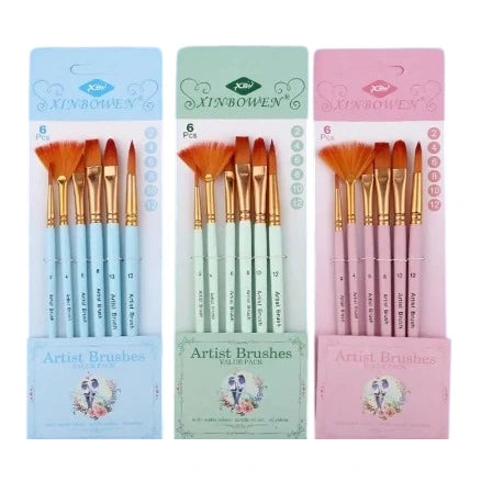 Discover our Pack of 06 Multi Shape Art Brushes, featuring high-quality wood handles and nylon hair. Perfect for various painting styles and easy to carry.