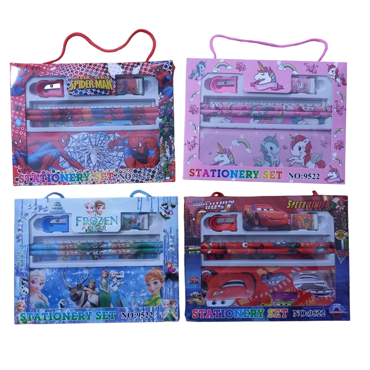 6pcs Frozen Stationery Gift Set for School Children and Girls Perfect Birthday Gift Beautiful Character Spiderman unicorn car Frozen Stationary Set Pencil Eraser Sharpener