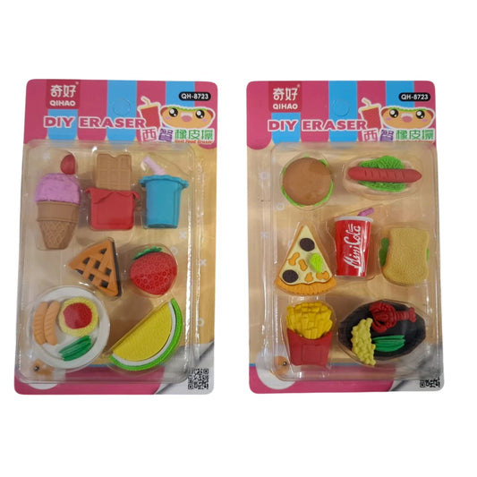 Shop our 7Pcs Food Shaped Erasers, featuring fun designs such as pizza and burgers. A perfect addition to kids' stationery, making writing a delightful experience.