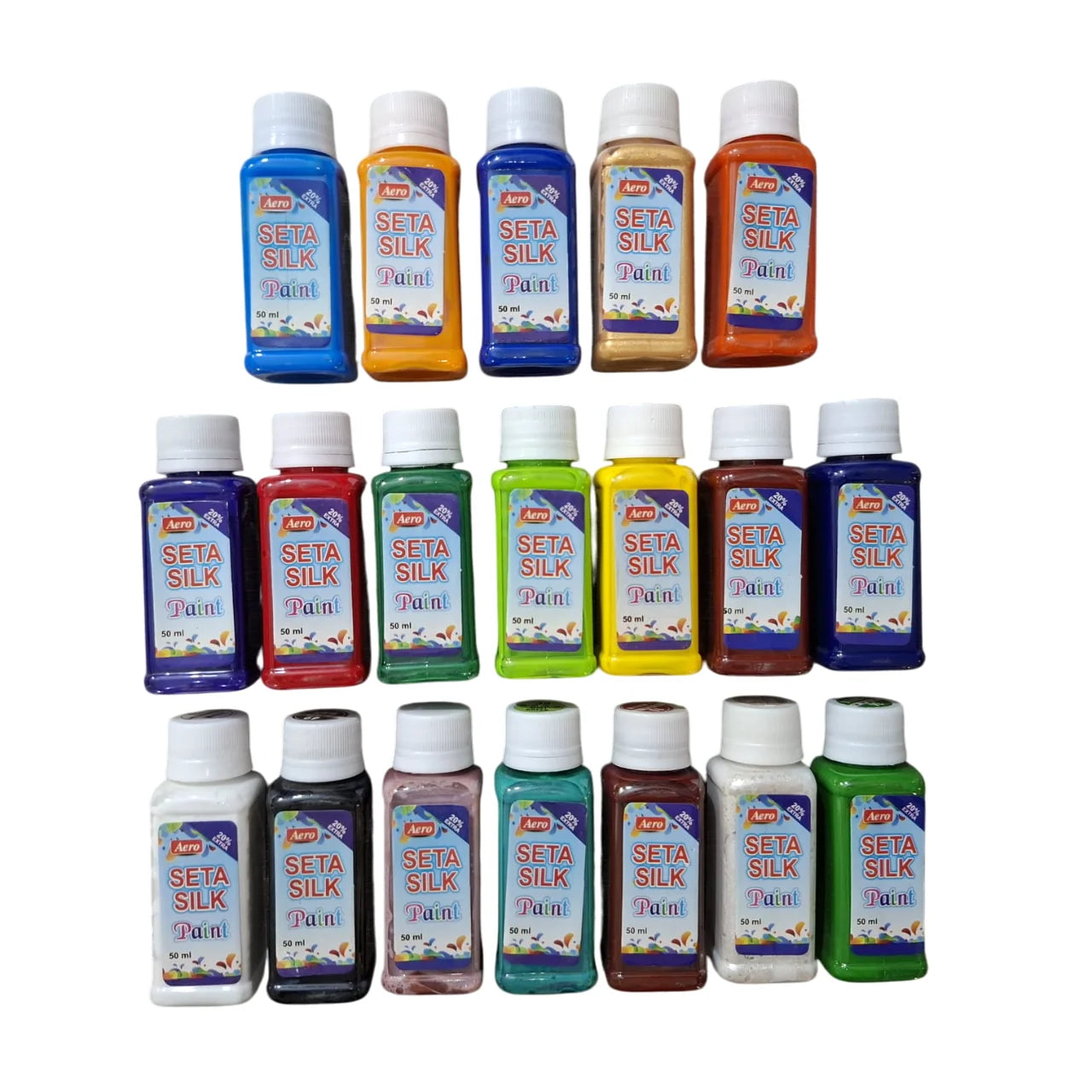 Shop Aero Seta Silk Fabric Paint in 50 ml bottles, featuring a range of vibrant colors. Best suited for fabric art on silk, cotton, and georgette crinkle.