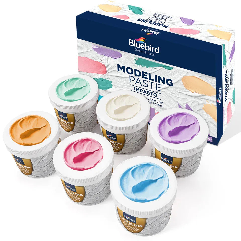 Create dynamic textures with Bluebird's modeling paste set. Six premium pastel colors offer excellent workability for both beginners and professional artists.