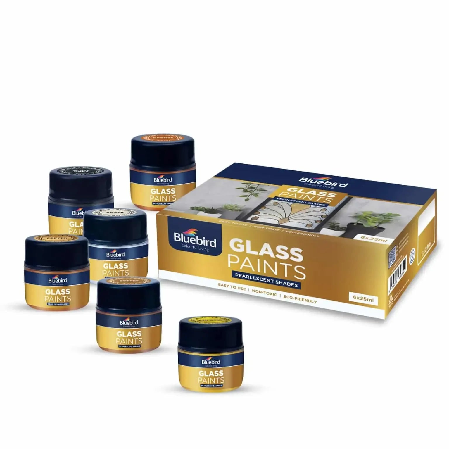 Shop the Bluebird Glass Paints set of 6 pearlescent colors, 25 ml each, at Qasimstationers.pk. Quality art supplies at unbeatable prices!