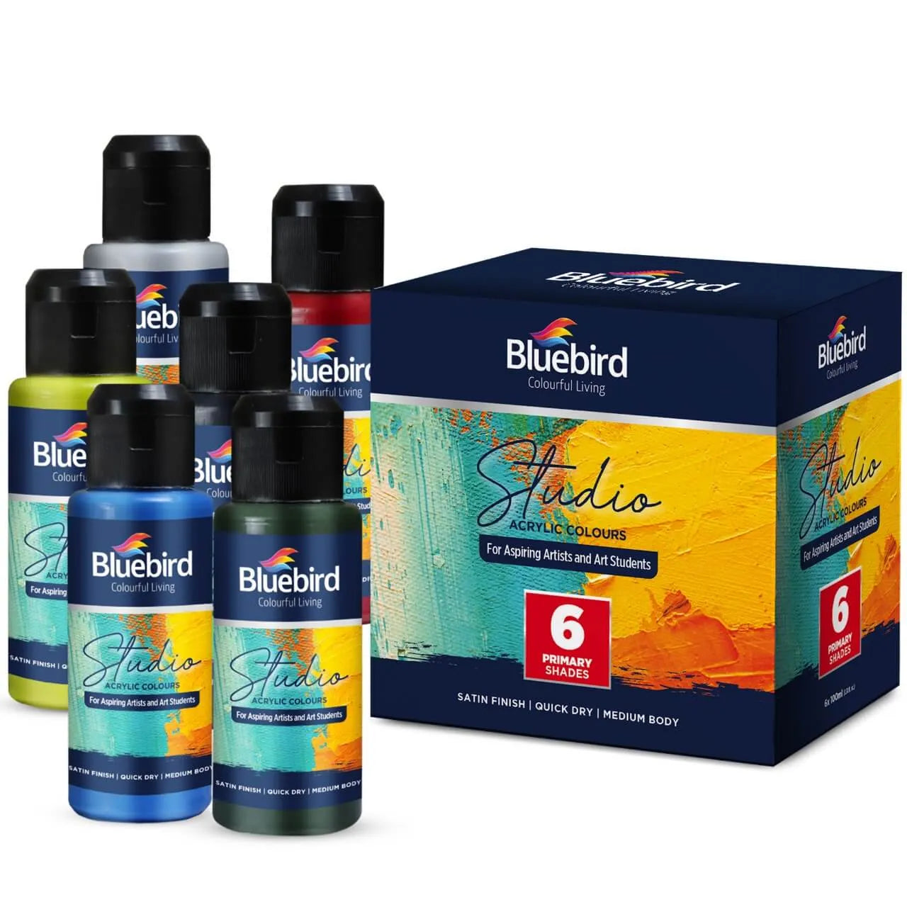 Create stunning artwork with Bluebird Studio Acrylic Colours. This set of 6 primary colors offers high gloss, easy blending, and heavy body for worry-free learning.