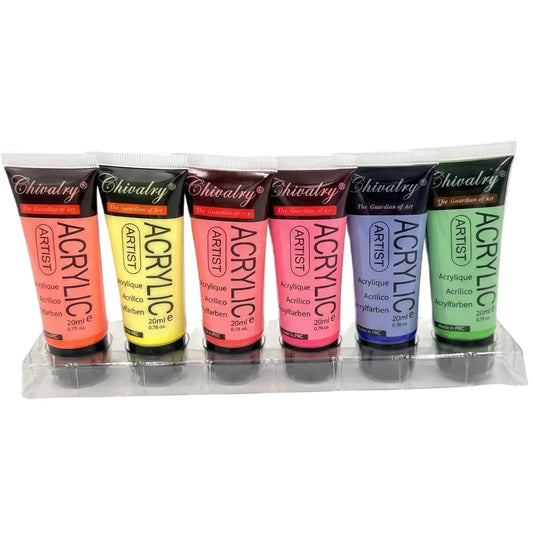 Shop Chivalry Fluorescent Acrylic Paint Colors in a 6x20 ml pack at Qasimstationers.pk. Enjoy vibrant hues at competitive prices online!