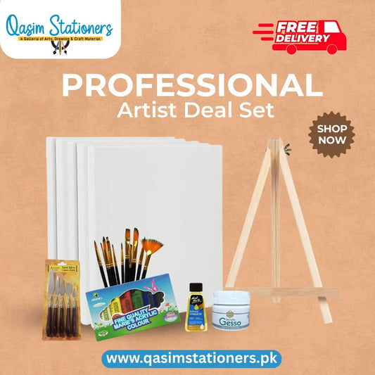 Complete acrylic painting kit including canvas boards, wooden easel, brush set, Marie’s acrylic colors, and painting accessories