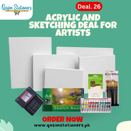 Complete artist bundle for painting and drawing including acrylic paints, sketchbook, canvases, brush set, and graphite pencils