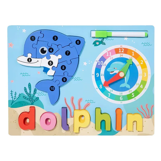 Wooden Jigsaw Drawing Board 2-in-1 Teaching Clock Learning Time Kids Toys, Wooden Clock Toy Digital Numbers Color Shape Sorting Block, Preschool Learning Educational Baby Toys Block for Kids