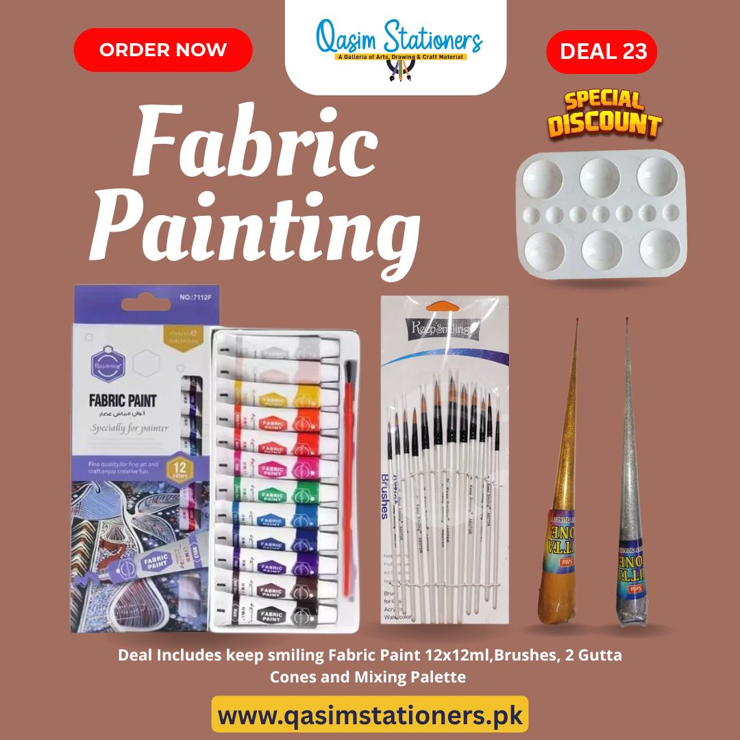 Get creative with our Fabric Painting Kit – includes 12 vibrant paints, premium brushes, 2 Gutta cones, and a mixing palette. Perfect for fabric art, DIY crafts, and textile design!
