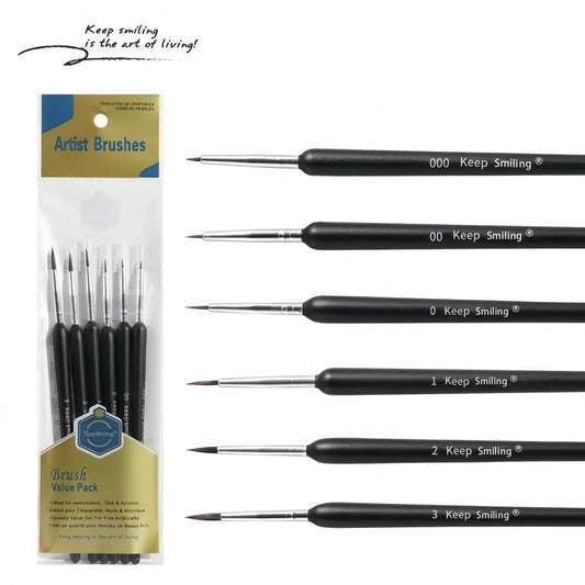 Keep Smiling 6pcs Detail Paint Brush Set with fine nylon tips for acrylic and watercolor painting, ideal for detailed artwork and smooth precision strokes.