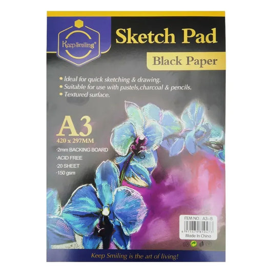 Keep Smiling Black Paper Sketch Pad For Artist 20 Sheets 150Gsm – A3 at Best Price in Pakistan. Best Art Supplies, Office & Stationery Store. ✓Free Delivery ✓Cash on Delivery ✓Deals