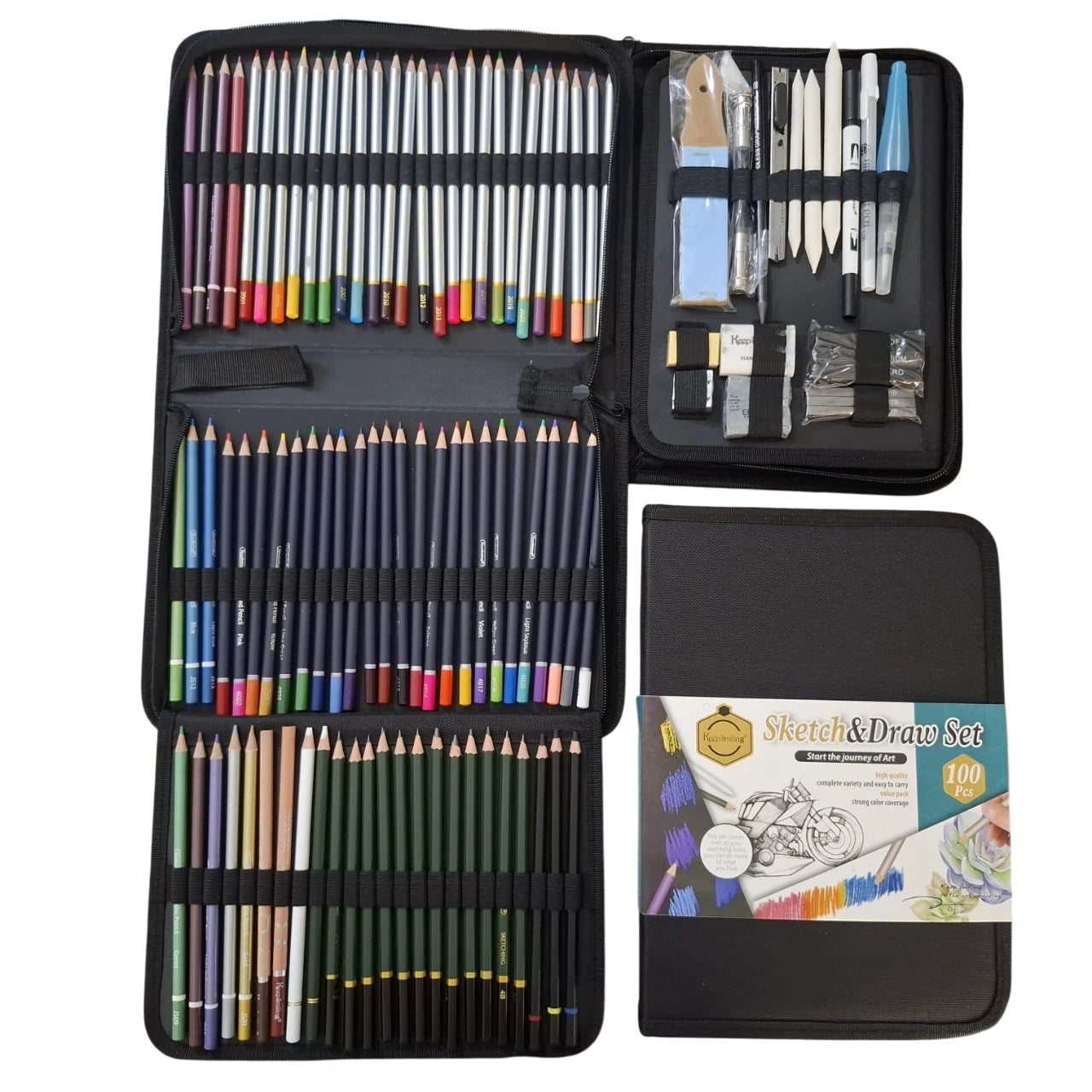 Explore the Keep Smiling 100pcs Drawing Pencils Set, designed for professionals. Enjoy a variety of tools including charcoal blenders and a handy fabric pouch.