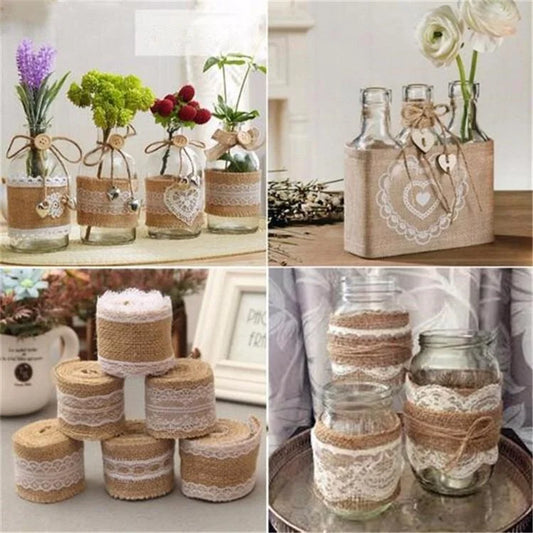 Shop our lace vintage jute burlap rolls for your wedding. Each 2-meter roll, 5 cm wide, adds a charming rustic element to your special day’s decorations.
