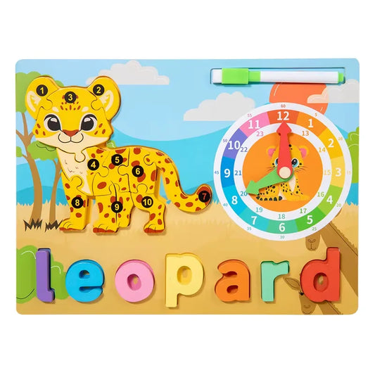Wooden Jigsaw Drawing Board 2-in-1 Teaching Clock Learning Time Kids Toys, Wooden Clock Toy Digital Numbers Color Shape Sorting Block, Preschool Learning Educational Baby Toys Block for Kids