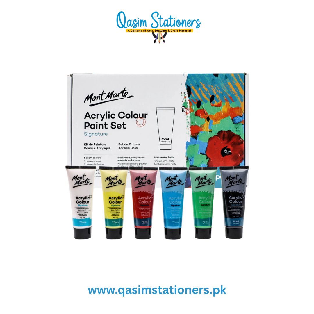 Experience the versatility of the MONT MARTE Acrylic Color Paint Set. With 6 x 75ml tubes, enjoy a semi-matte finish and quick layering on various materials.