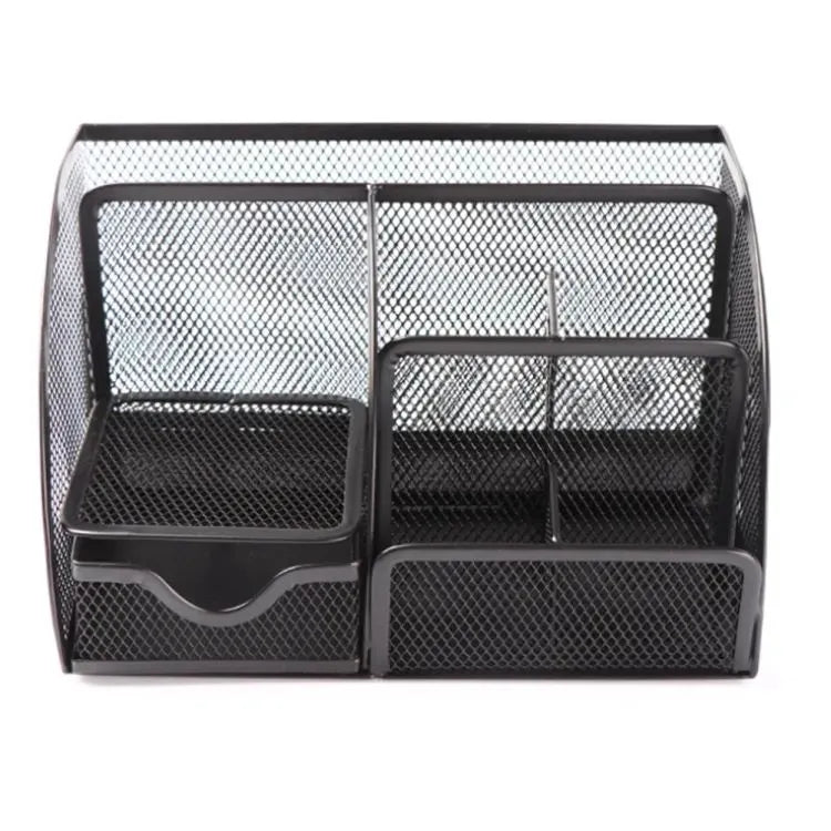 Organize your office with the Mindspace Metal Desk Organizer. This black mesh collection includes six compartments and a drawer for efficient storage solutions.