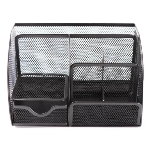 Organize your office with the Mindspace Metal Desk Organizer. This black mesh collection includes six compartments and a drawer for efficient storage solutions.