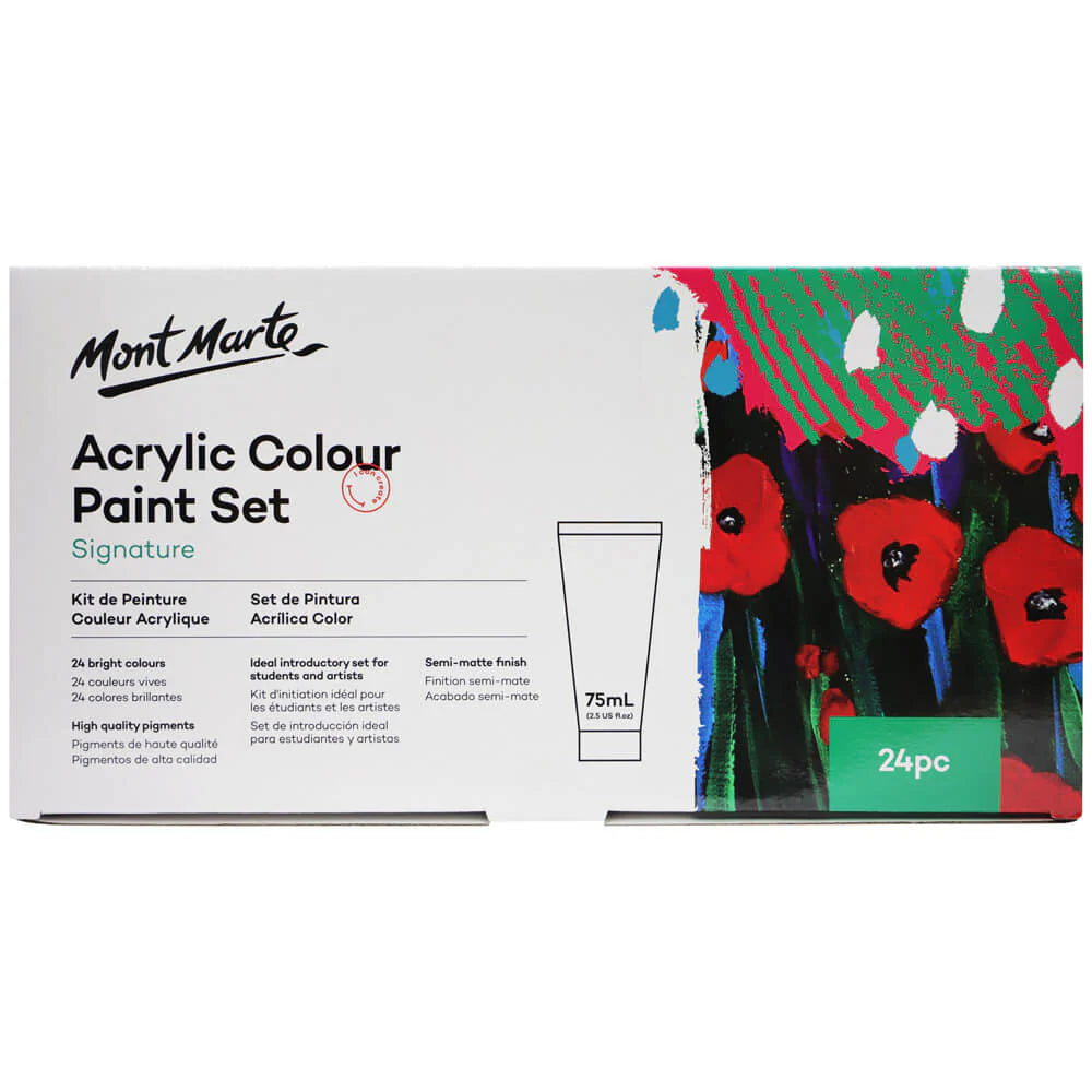 Mont Marte Acrylic Paint Set 24pc x 75ml – creamy texture, good coverage, and fast-drying for easy layering. Semi-matte finish, works on canvas, wood, clay, leather & more