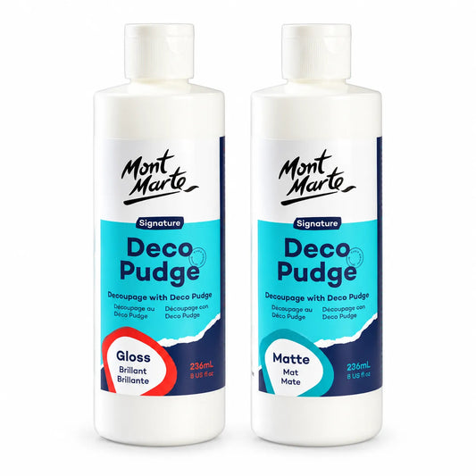 Shop Mont Marte Deco Pudge Craft Varnish 236ml in Matte and Gloss. Find the best online prices at Qasimstationers.pk for all your crafting needs.