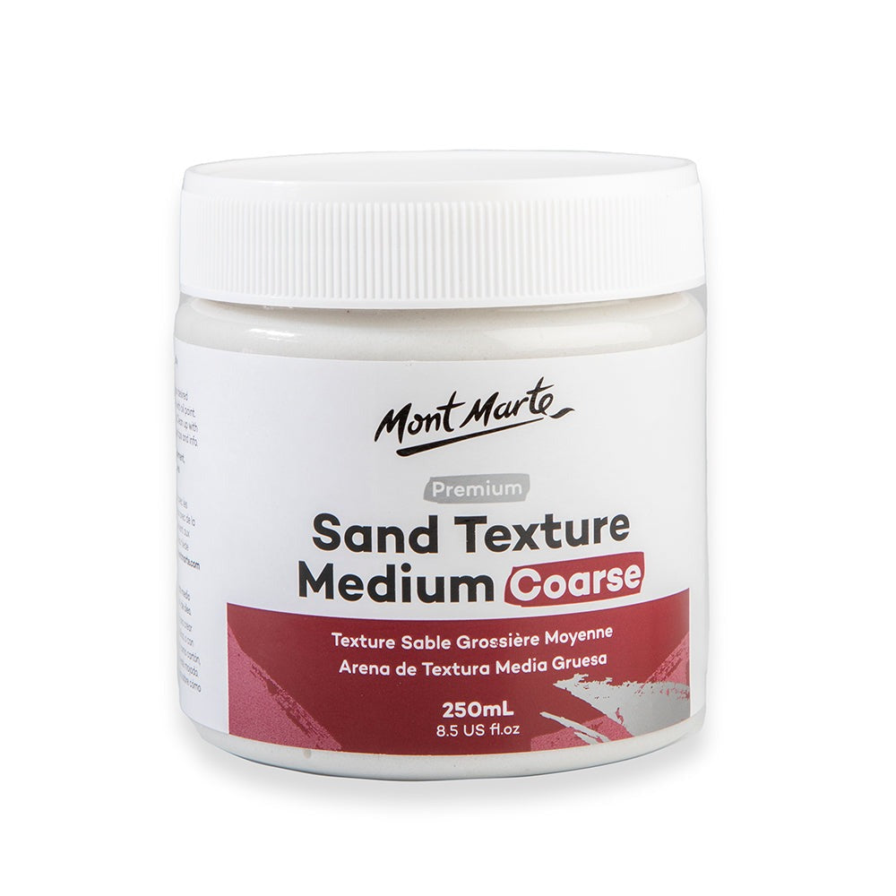 Transform your artwork with Mont Marte Sand Texture Medium Coarse Premium 250ml. This high-quality medium adds depth and texture, ideal for various artistic applications.