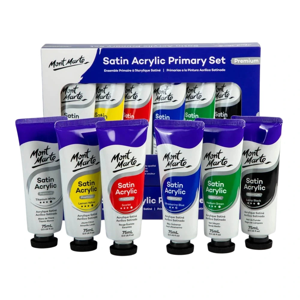Shop the Mont Marte Satin Acrylic Paint Color Primary Set (6 x 75ml) at Qasimstationers.pk. Ideal for all your painting projects. Order yours now!