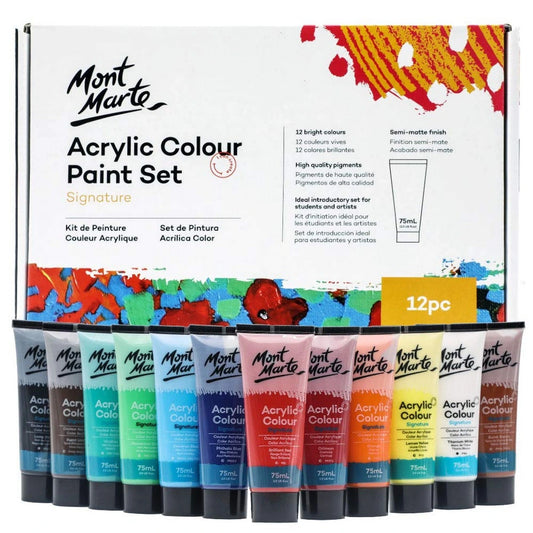Discover the Mont Marte Signature Acrylic Color Paint Set, featuring 12 x 75ml tubes. Enjoy creamy texture, quick drying, and excellent coverage for various surfaces.