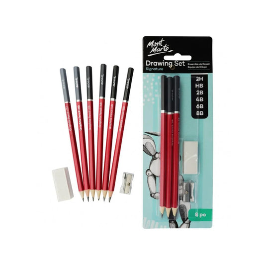 Discover the Mont Marte Signature Drawing Graphite Pencils set, featuring 8 high-quality pencils, an eraser, and a sharpener for all your artistic needs.