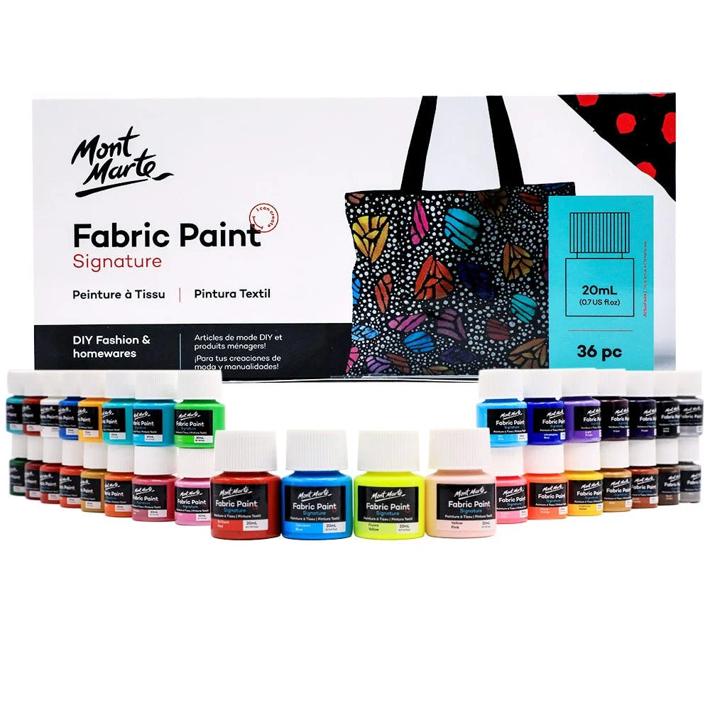 Transform your fabric projects with the Mont Marte Signature Fabric Paint Colour Set. Featuring 36 colors in 20ml bottles, it's perfect for any creative task.