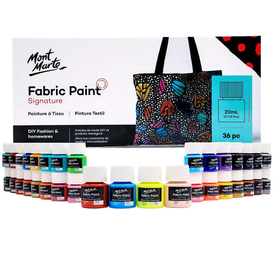 Transform your fabric projects with the Mont Marte Signature Fabric Paint Colour Set. Featuring 36 colors in 20ml bottles, it's perfect for any creative task.