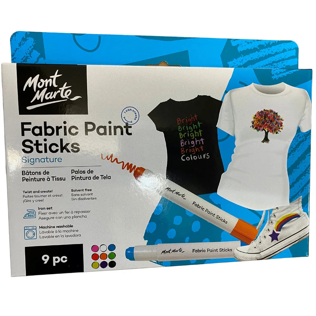 This set includes nine bright permanent colours for untreated fabrics. Ideal for hand-drawing designs onto t-shirts, cushions, bags, fabric shoes and more.