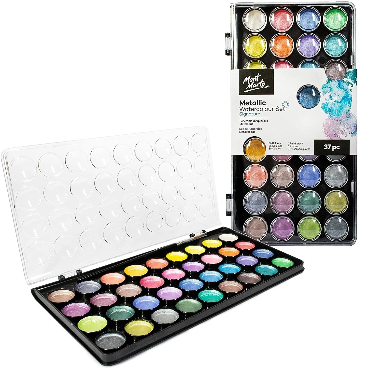 he Mont Marte Signature Metallic Watercolour Set offers 36 stunning colours and a brush, ideal for painting on white or black paper. A perfect gift!