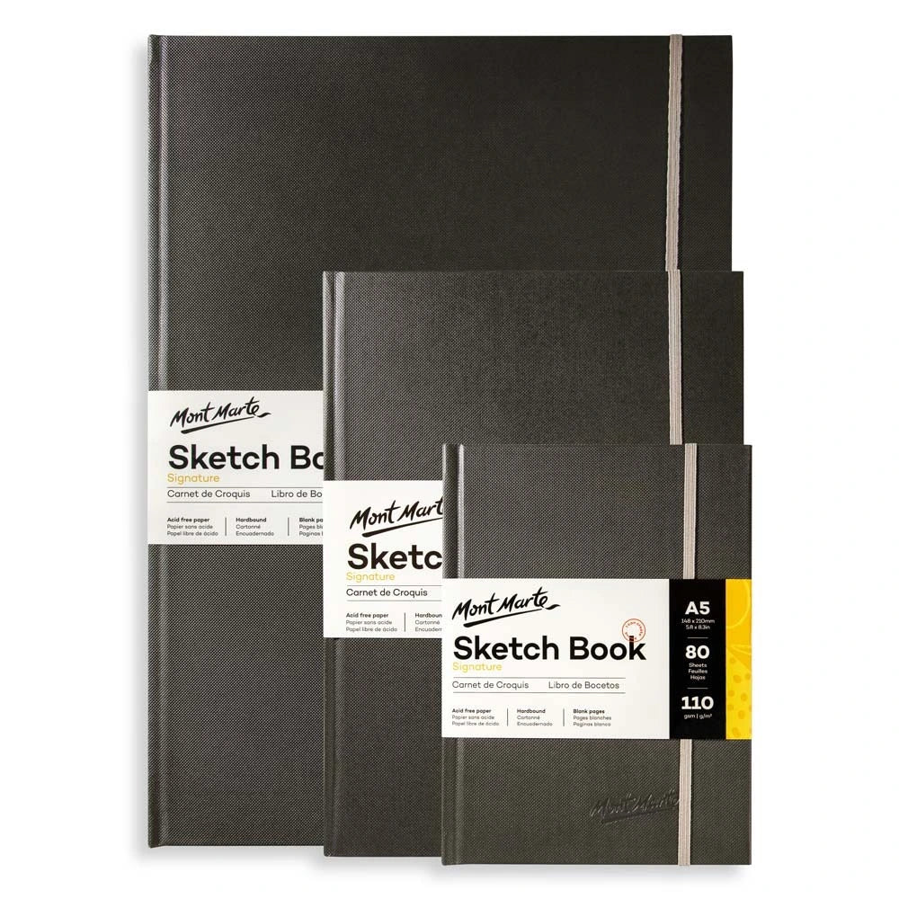 The Mont Marte Sketchbook offers 80 sheets of premium 110gsm paper in A3, A4, and A5 sizes. Perfect for sketching and drawing enthusiasts.