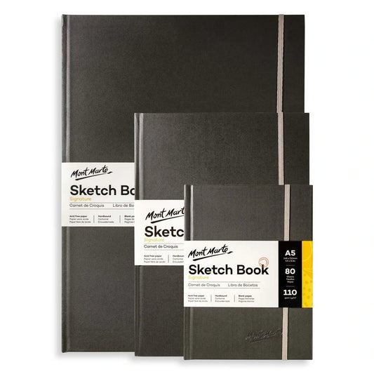 The Mont Marte Sketchbook offers 80 sheets of premium 110gsm paper in A3, A4, and A5 sizes. Perfect for sketching and drawing enthusiasts.
